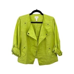 Chico's Roll Tab Sleeves with Buckle Drape Front Easy Linen Jacket Green XS/4